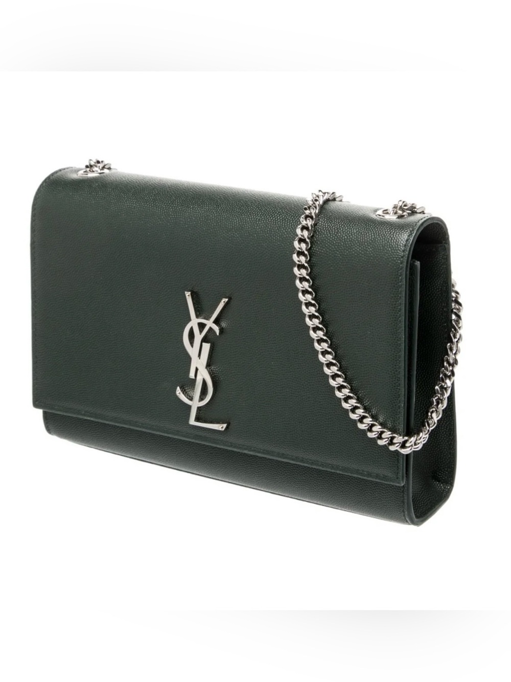 YSL Yves Saint Laurent Dark Green Leather Shoulder Bag with Silver Hardware